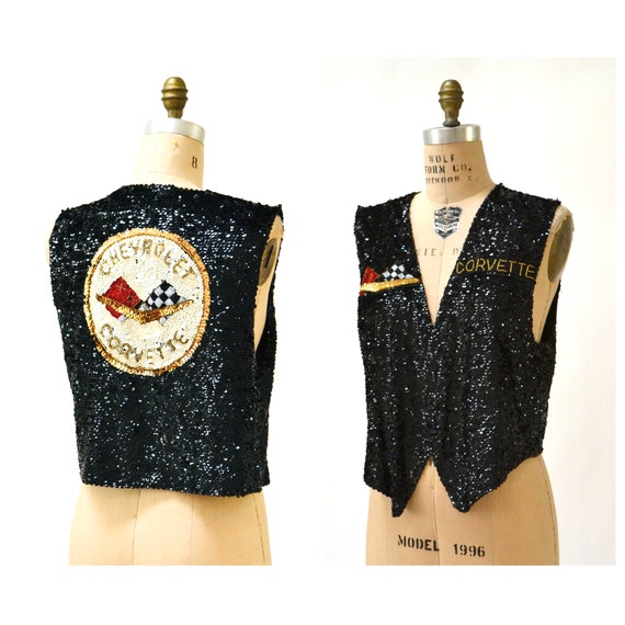 Vintage Black Sequin Vest Chevrolet Corvette Race
