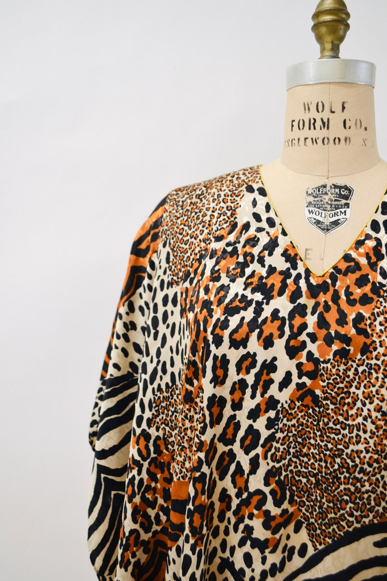 80s 90s Vintage Animal Print Dress Caftan Kaftan Beach Cover Up Large XL PLUS SIZE // Vintage Leopard Print Caftan Kaftan Dress Large xl image 6
