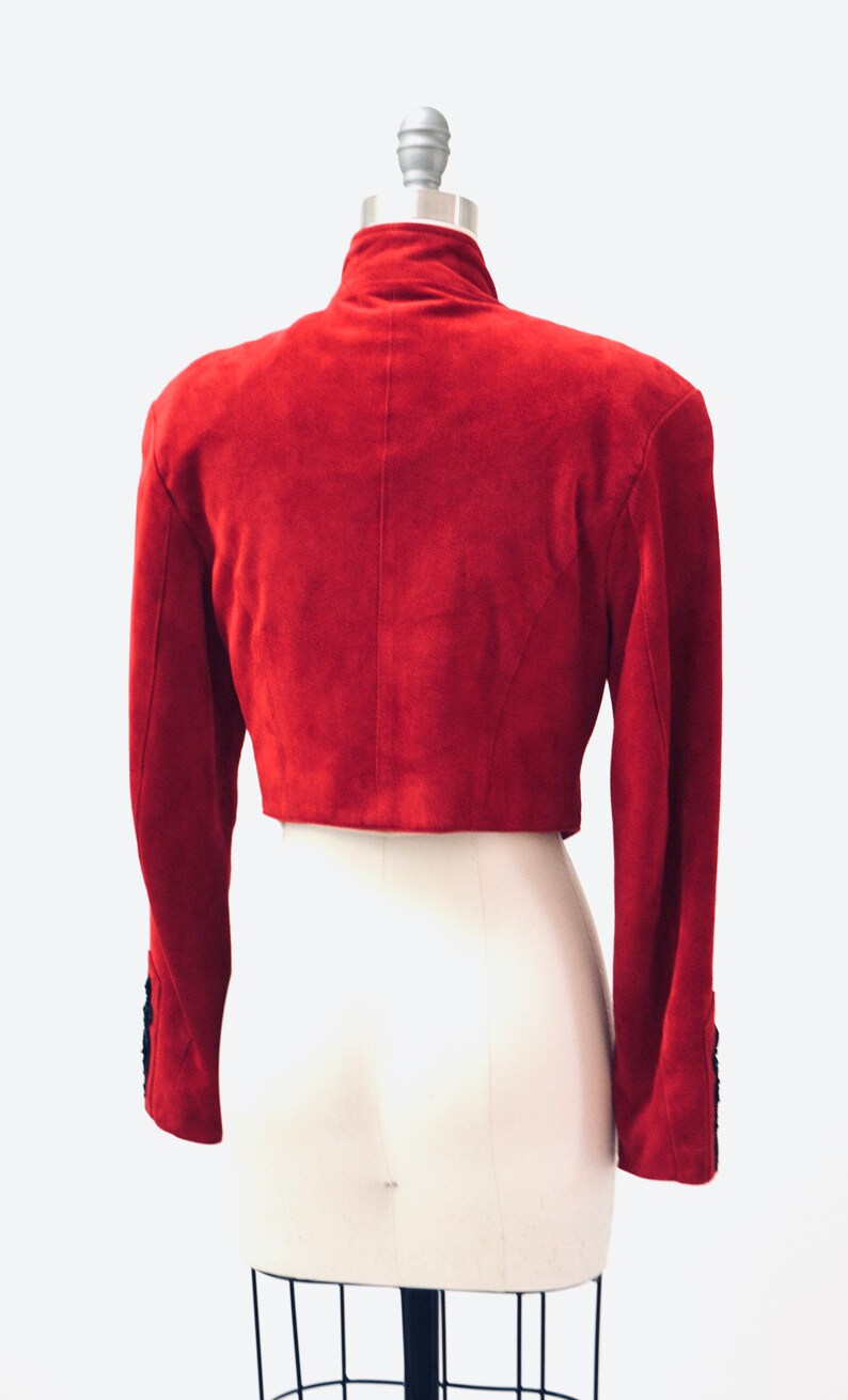 90s Vintage RED Leather Suede Jacket Michael Hoban Embroidered Autographed North Beach Leather Red Suede Embroidered Bolero Cropped Jacket image 10