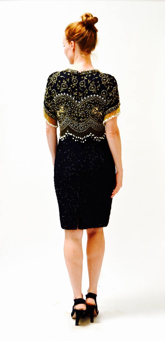 VIntage Black Sequin Dress Beaded Fringe Dress Me… - image 7