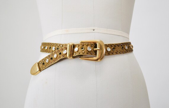 90s 2000s Vintage Gold Rhinestone Belt Brown Leat… - image 6