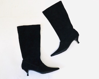 90s Y2K 00s Vintage Black Leather Boots Size 7 1/2 High Heel Pointed Toe Kitten Heel// Vintage Size 7 1/2 Black Leather Boots Franco Sarto