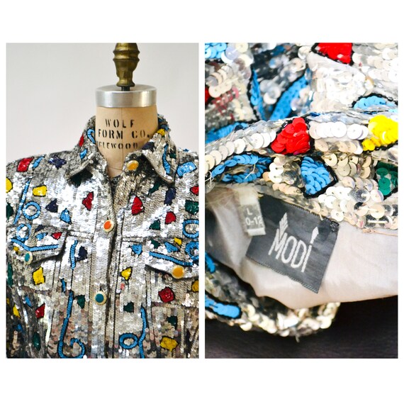 Vintage Sequin Jacket Silver Metallic Rainbow Seq… - image 10