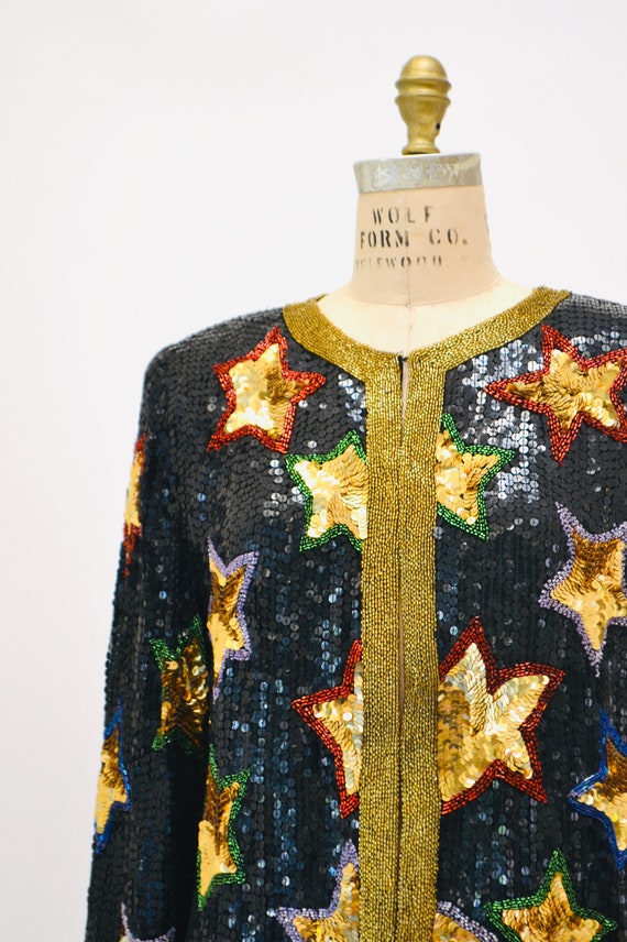 80s 90s Vintage Star Sequin Beaded Jacket Black G… - image 3