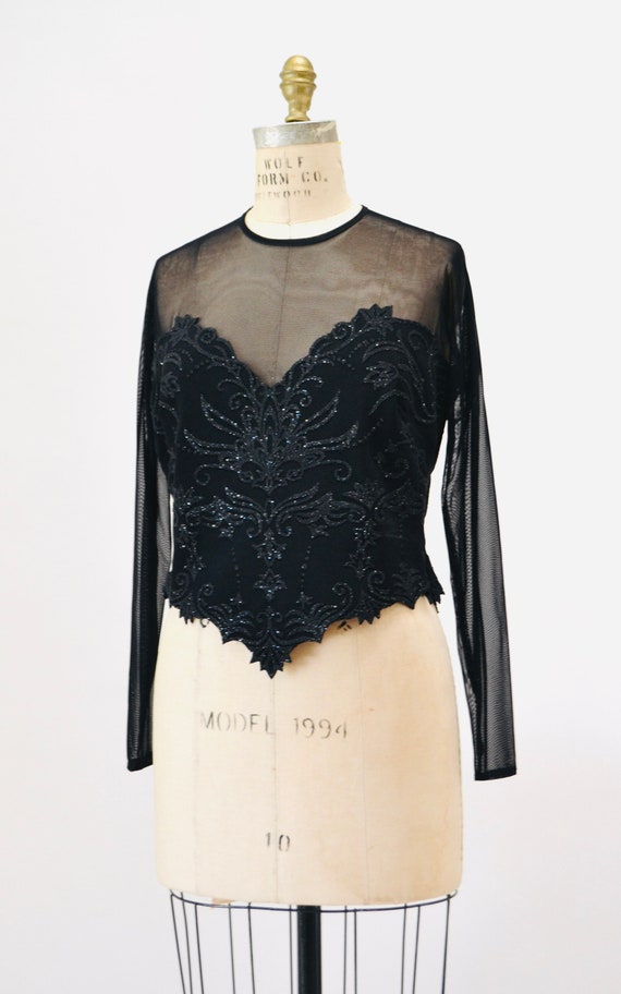 90s Vintage Sheer Black Velvet Top 90s Party Shee… - image 2