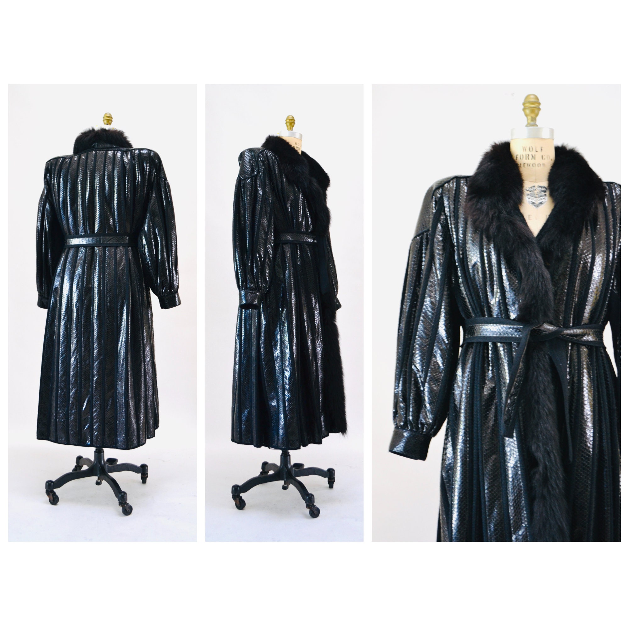 Vintage 80s Beltrami Black Snakeskin Fox Fur Coat Jacket