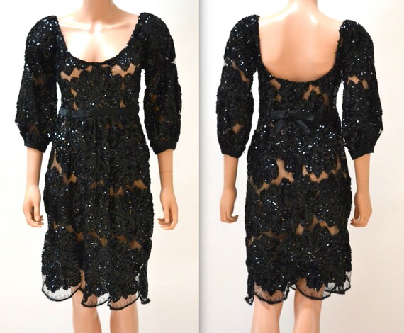 Vintage Black Sequin lace Dress Size Small Metalli