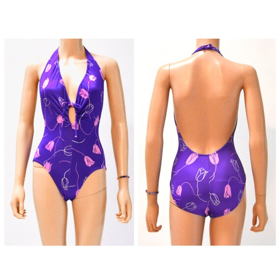 Vintage 70s 80s Plunging Neckline Swimsuit XS SMAL