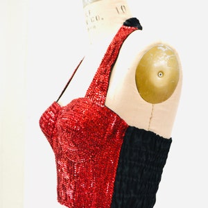 80s 90s Vintage Red Sequin Bustier Crop Top Halter top Size Medium Sequin Red Halter Top Disco Dance 80s 90s Sequin Showgirl Halter TOp image 8