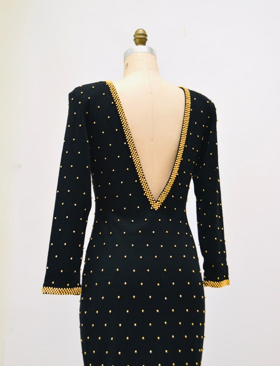 80s 90s Vintage Black Beaded Dress Gold Metallic … - image 4