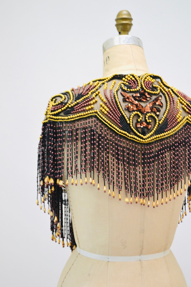 Vintage Gold Black Beaded Rhinestone Shawl Wrap Burlesque Wedding Flapper Gold Metallic Beaded Vintage Fringe Collar Shawl GOld Flapper image 7