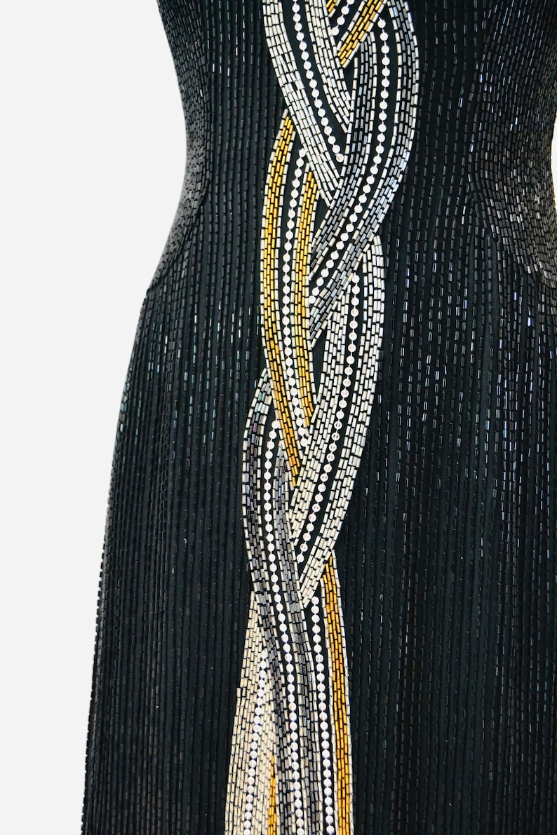 80s 90s Vintage Beaded Sequin Gown Dress By Bob Mackie Black Silver Strapless Black Beaded Gown BoB Mackie Cher Pageant Dress XS Small image 5