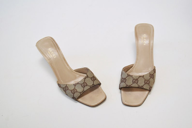 90s 2000s Gucci LOGO High heel Sandals Shoes Tan Gucci Logo Kitten Heel sandals Size 6 1/2 // High Heel Slides Gucci 6 1/2 Made in Italy image 3