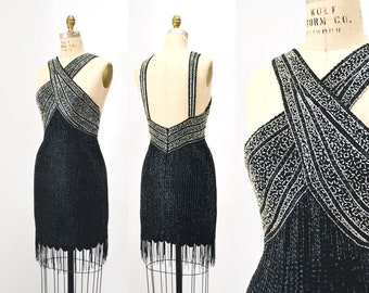 90s Vintage Black Silver Beaded Fringe Showgirl Dress Small Medium // 90s Black Silver Beaded Tank Dress Party Fringe Dress Flapper Dress