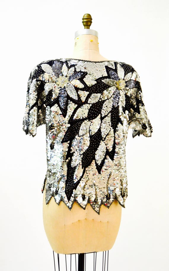 Vintage Silver Sequin Shirt Top Metallic Silver B… - image 6