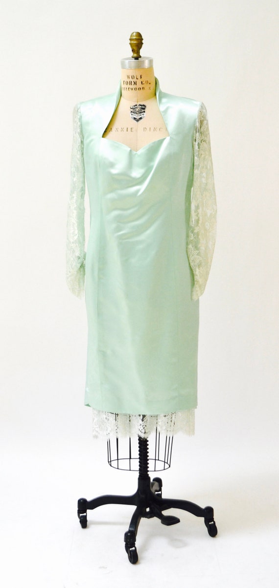 Vintage 80s Prom Dress Size Large XL Mint Green//… - image 3
