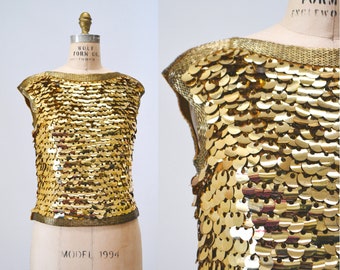 60-tals guldfärgad paljettopp från Miss Ruth Vintage Mod guldfärgad paljett metallic festtopp med bröllopsklänning Linne Mellanstor guldfärgad 60-tals festtopp med guldfärgad paljett med fransar