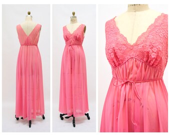 1960s 60s Vanity Fair Vintage Nightgown Nighty Dress Camisole Small Medium Pink Lace Sheer Wedding Honeymoon Nightgown Slip Dress Pink Tank