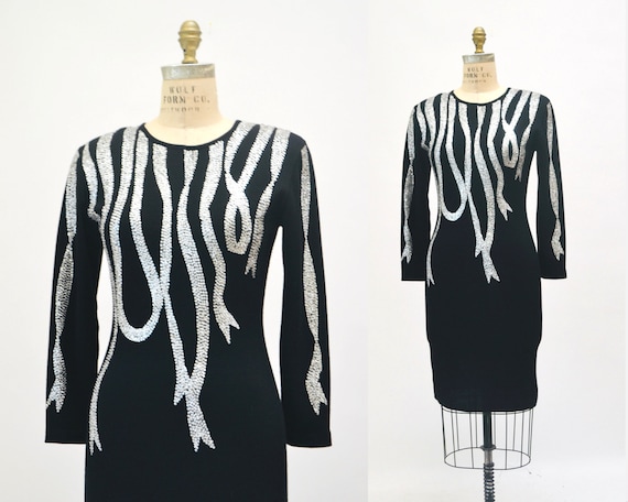 90s Vintage Black Sequin Wool Dress Small Silver Sequin Beaded Black Knit Dress for Party Winter Dress Adrienne Vittadini for Neiman Marcus Etsy Canada