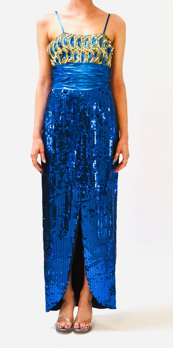 Vintage 80s Prom Dress Blue Sequin Metallic Gown … - image 8