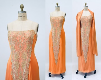Vestido de gasa de seda iridiscente con cuentas en color naranja melocotón dorado de BOB MACKIE de los años 90 y chal de seda a juego, vestido naranja sin tirantes, vestido de desfile