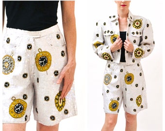 80s 90s White Sequin Shorts Nautical Boat Party Gold Stars Medium Large Talk of the Walk Casino French Collizioni Modi Sequin Jacket Shorts