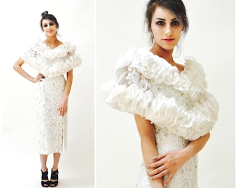 80s Vintage White Lace and Rhinestone Evening Gown Dress Small Medium By Rose Taft// 80s White Metallic Lace Wedding Party Dress Metallic