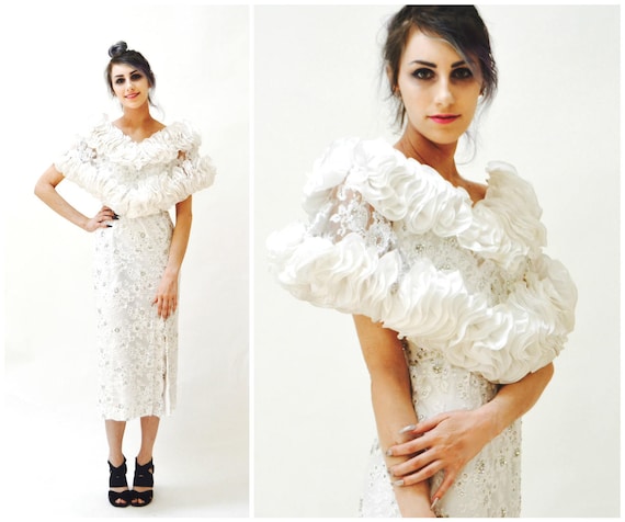 80s Vintage White Lace and Rhinestone Evening Gow… - image 1