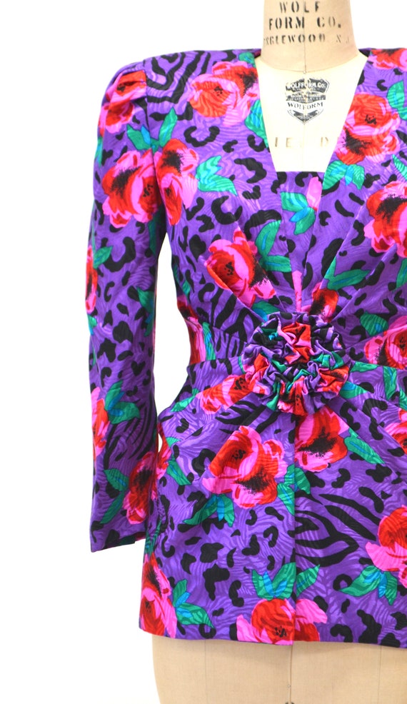 80s 90s Silk Animal Print Floral Print Shirt Purp… - image 3