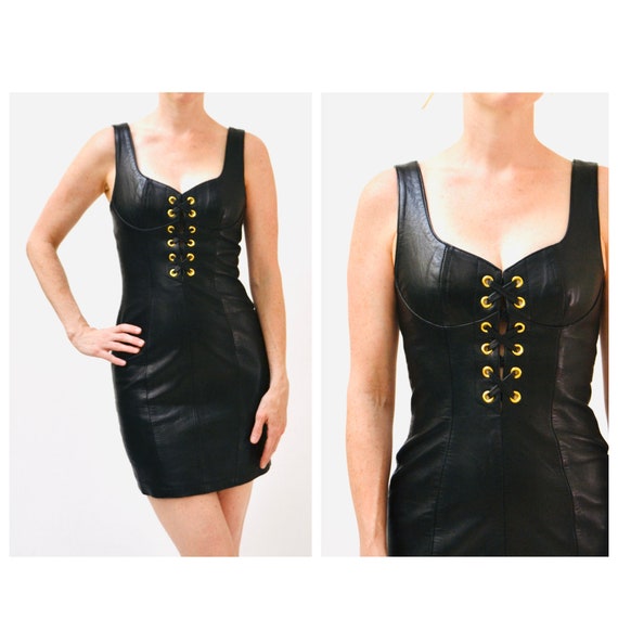Vintage Black Leather Dress with Lace Up by Micha… - image 2