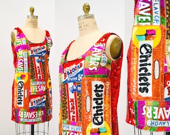 90s Vintage Jeanette Kastenberg Candy Sequin Beaded Dress Red Sequin Pop Art Candy Dress Size Medium Sequin Fran Drescher the Nanny dress