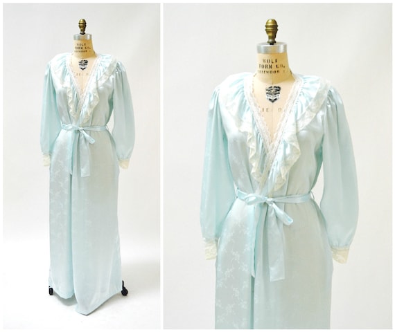 80s Vintage Blue Satin Robe Nightgown Blue lace W… - image 1