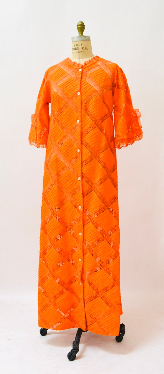 70s Vintage Orange Dress Lace Patchwork House Dre… - image 6