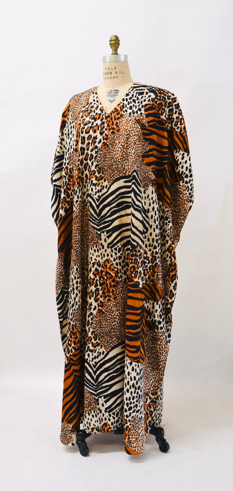 80s 90s Vintage Animal Print Dress Caftan Kaftan Beach Cover Up Large XL PLUS SIZE // Vintage Leopard Print Caftan Kaftan Dress Large xl image 5
