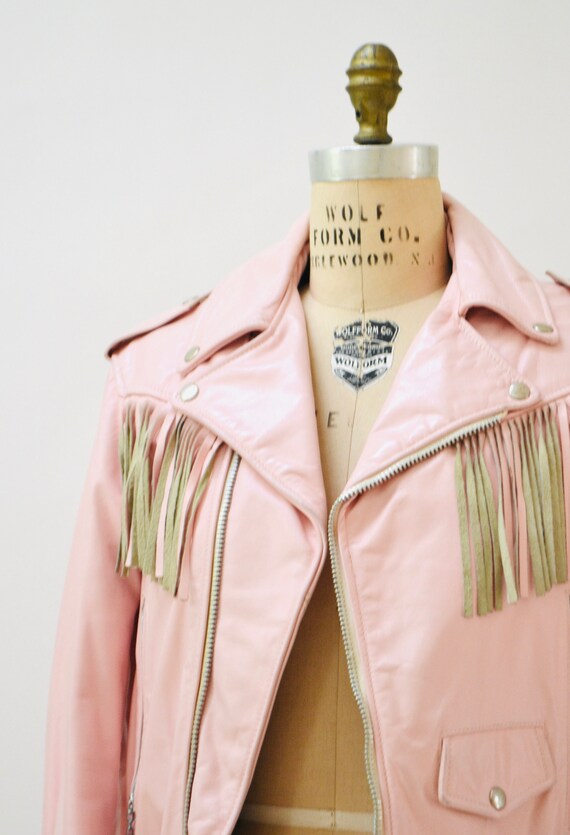 80s 90s Vintage PINK Leather Motorcycle Jacket Pa… - image 5