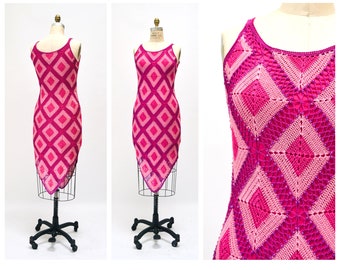 90s 00s Y2k Vintage Pink Crochet Beaded Club Party Prom Dress Body Con Knit Dress Size Small Medium 00s Party Dress Medium