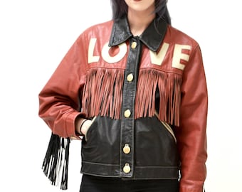 90s Vintage Moschino Leather Jacket Love Fringe Heart Red and Black Navy Moschino Jeans Made In ITaly