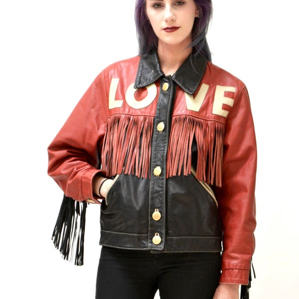 90s Vintage Moschino Leather Jacket Love Fringe Heart Red and Black Navy Moschino Jeans Made In ITaly