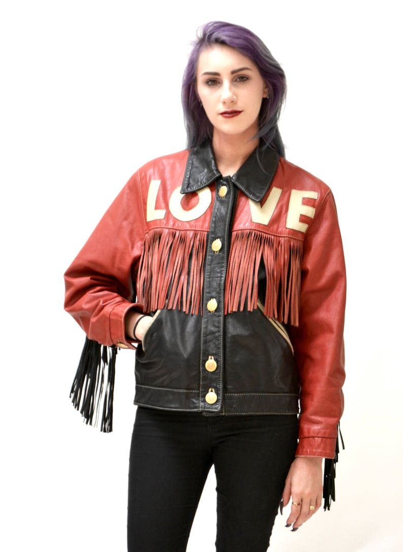 90s Vintage Moschino chaqueta de cuero amor fleco corazón rojo y negro marino Moschino Jeans hechos en ITaly imagen 1