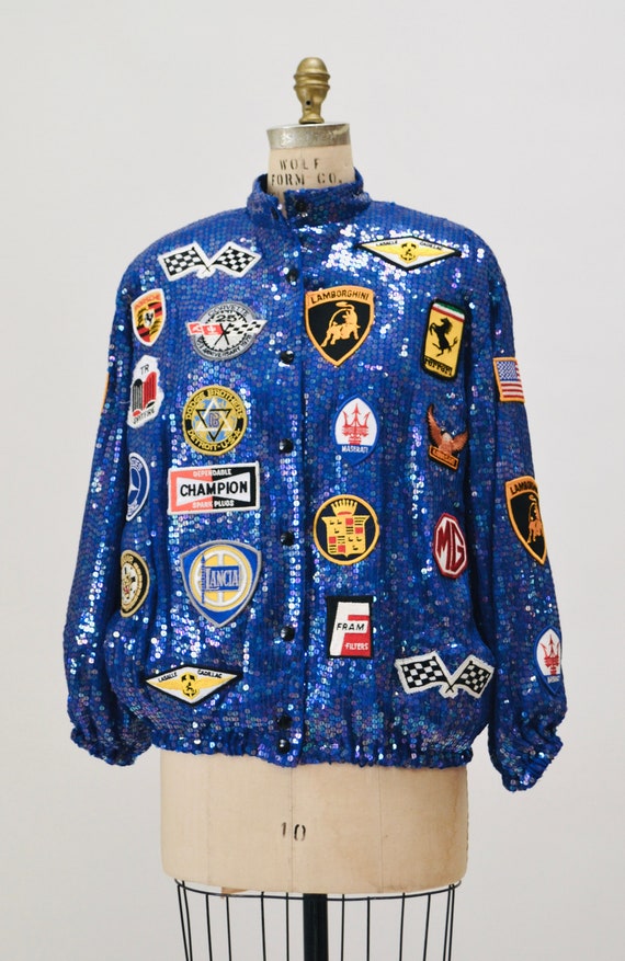 80s 90s Vintage Blue Sequin Bomber Jacket Race Ca… - image 4