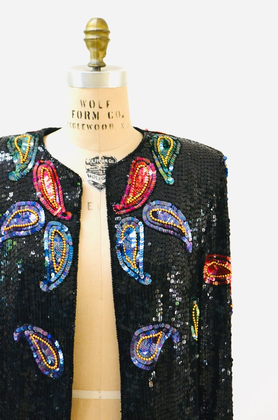 Vintage Black Sequin Jacket Paisley Beaded Jacket… - image 9