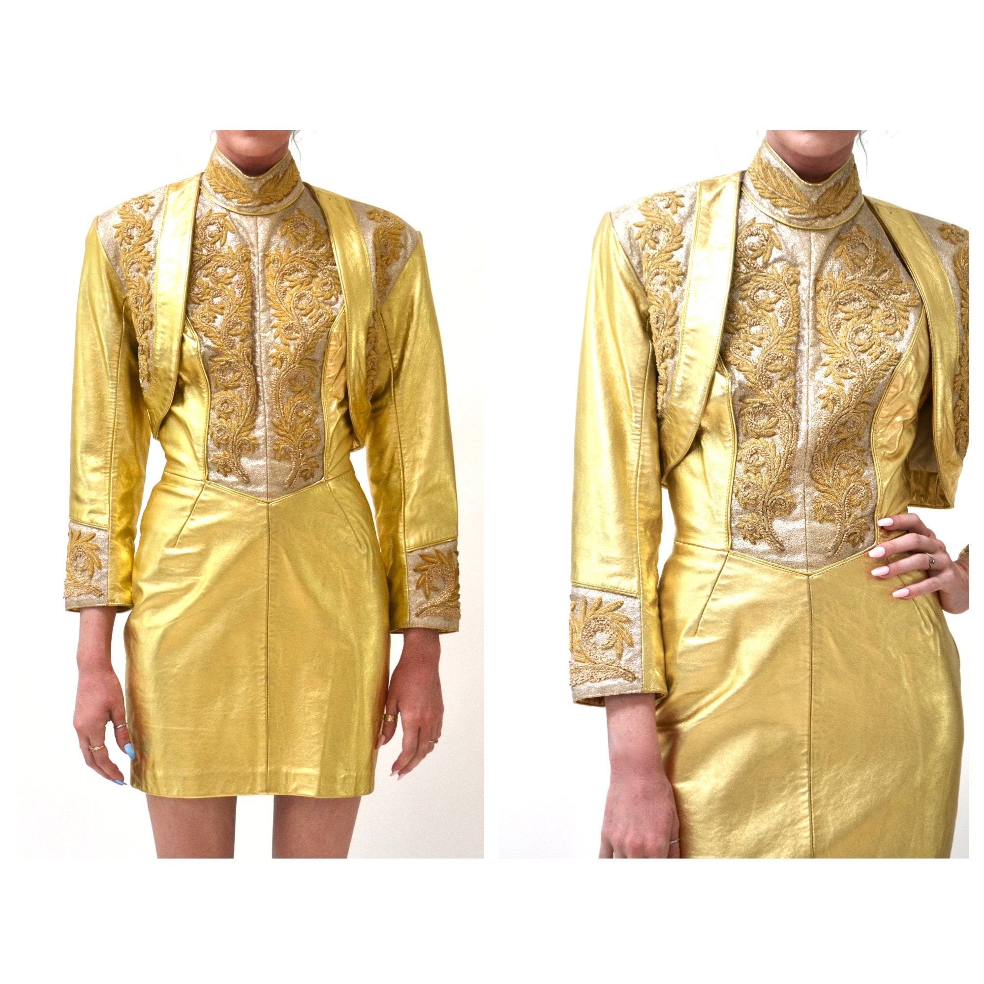 Vintage Gold Metallic Leather Jacket Bolero With Embroidery