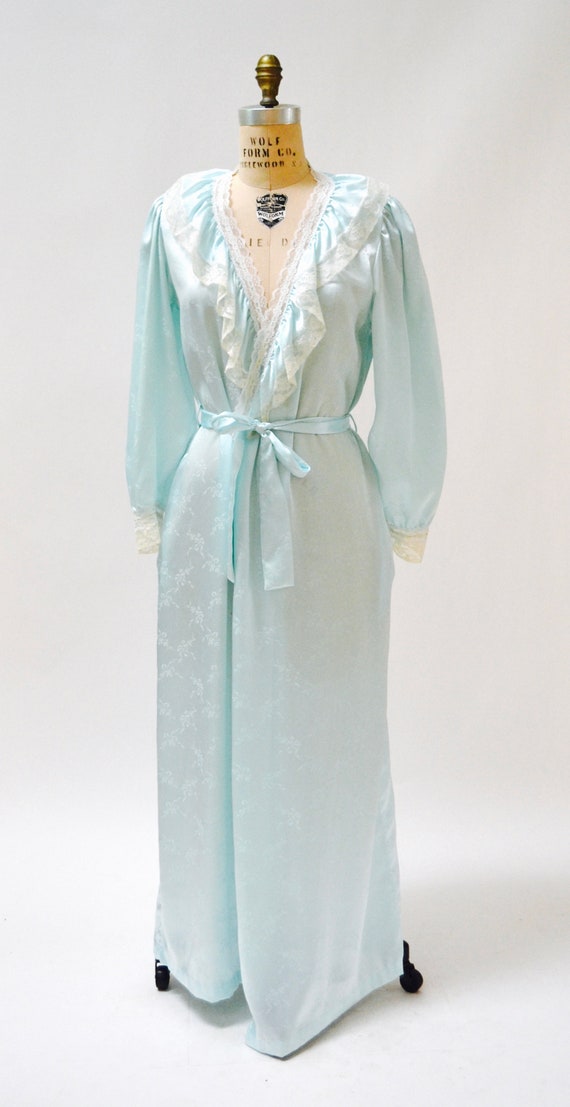 80s Vintage Blue Satin Robe Nightgown Blue lace W… - image 3