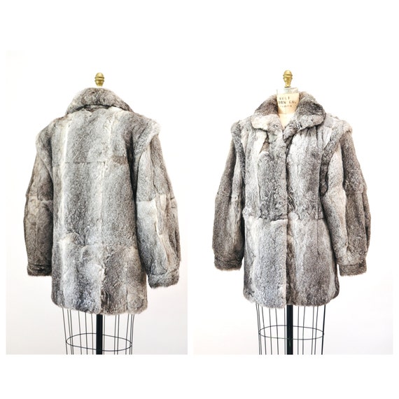 70s 80s Glam Vintage Rabbit Fur Coat Grey Gray Si… - image 2