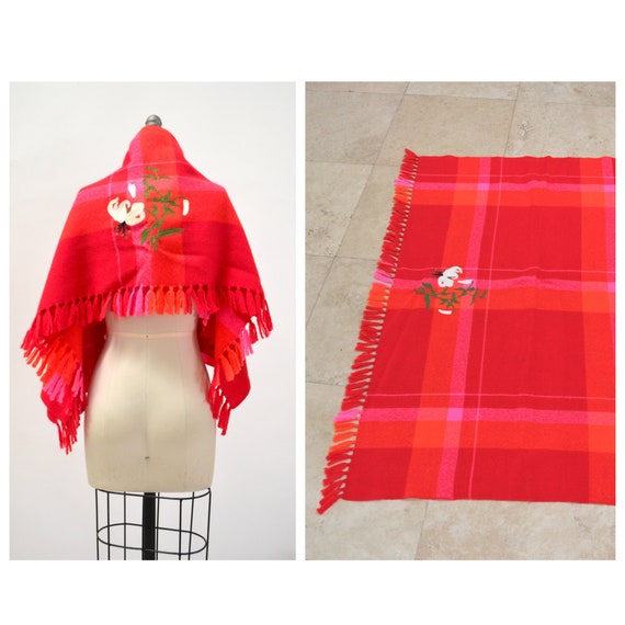 70s 80s Vintage Wool Wrap Blanket Throw Pink Orang