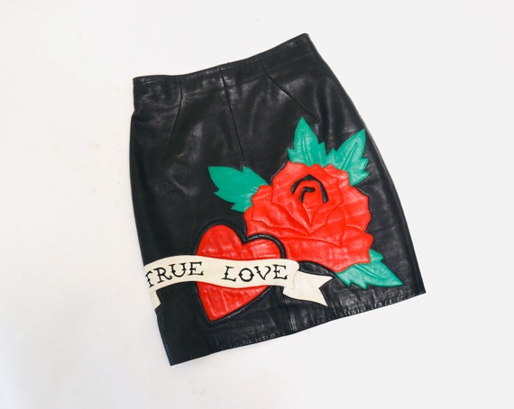 Vintage Black Leather Skirt with True Love Heart … - image 8