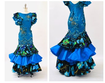 80s 90s Party Dress Sequin Ruffle Gown XXS XS Blue Tropical Flamenco Salsa Floral Print Sequin Dress// 80s Pageant Drag Queen Dress Costume