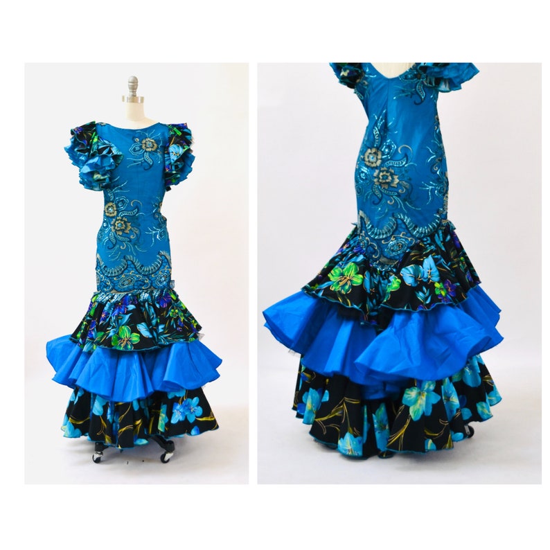 1990s Turquoise Blue Feather Sequins Gown | XS/S