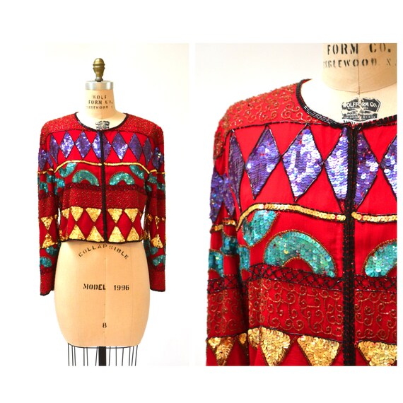 Vintage Red Beaded Sequin Jacket Size Large Red Ge