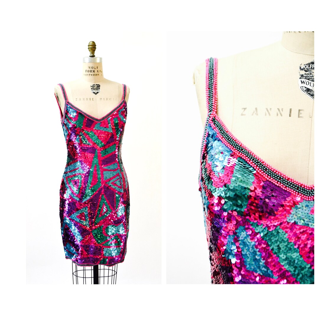 Chemise Habillée Vintage à Paillettes Night Vogue - Noir Avec Sequins Violets/bleus/roses - Taille M